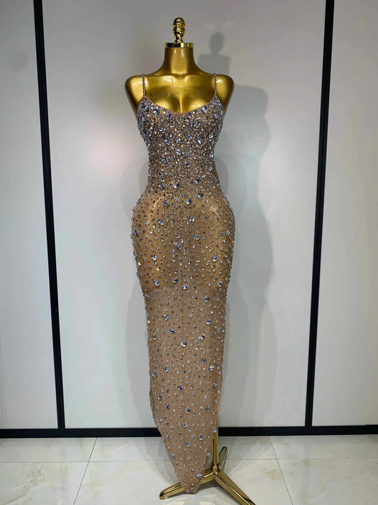 Luxury Rhinestones Sexy Mesh See Through Bodycon Dress Women Birthday Evening Cocktail party Gown Red Carpet Club Stage Outfit