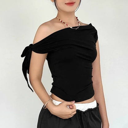 Casual Top Women'S Summer Ins Style New Shrink Pleated One-Shoulder Crop Top Backless Twist Tie Asymmetric T-Shirt SS69 13.69 black / S