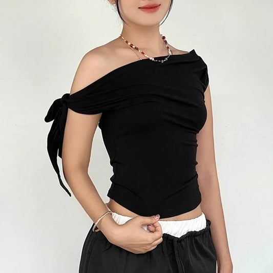 Casual Top Women'S Summer Ins Style New Shrink Pleated One-Shoulder Crop Top Backless Twist Tie Asymmetric T-Shirt SS69 13.69 black / S