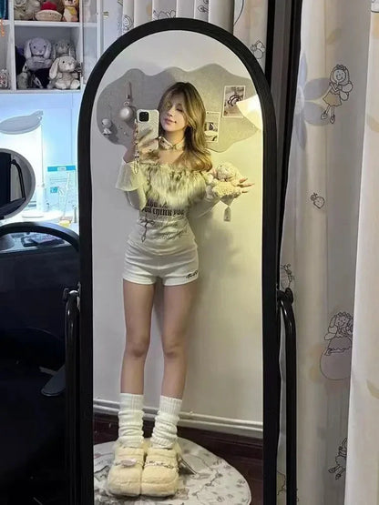 Y2k Emo Women Korean Streetwear Japanese Fur Collar Tops Off Shoulder Long Sleeve Aesthetics Letter T-shirt 2000s Alt Clothes SS69