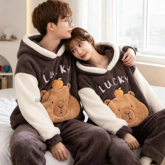 Adult Winter Thicken Sleepwear Pajamas Set Women Coral Fleece Pyjama Cartoon Deer Panda Hooded Homewear Loungewear Pijamas Suit