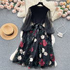 SINGREINY Senior Knitted Patchwork Dress Long Lantern Sleeves Bow Mesh Embroidery Floral Women Autumn France Elegant Party Dress