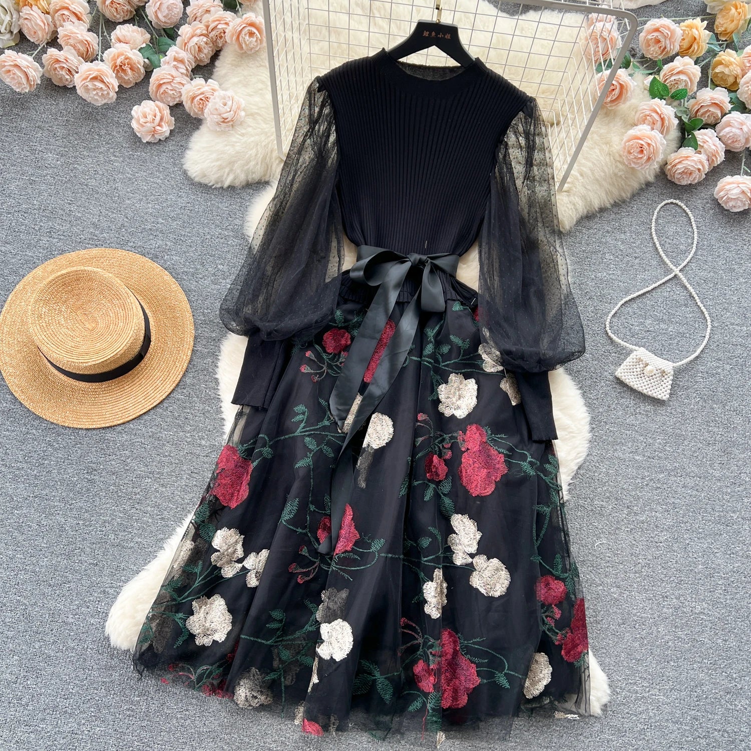 SINGREINY Senior Knitted Patchwork Dress Long Lantern Sleeves Bow Mesh Embroidery Floral Women Autumn France Elegant Party Dress