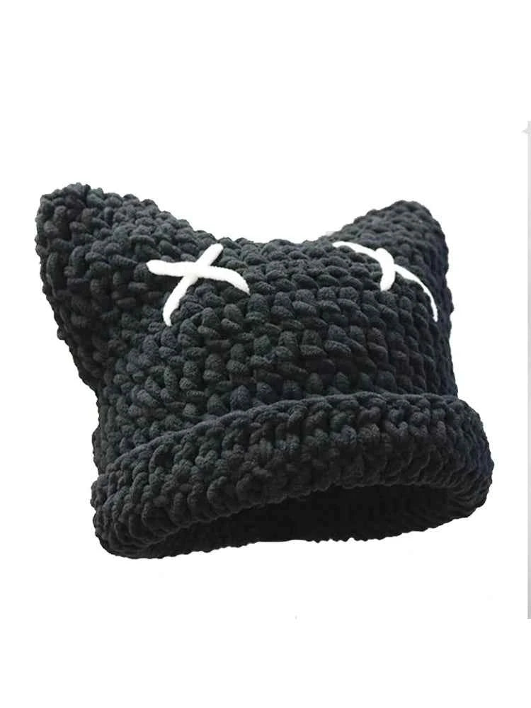 2025 New Hand-Knitted Bow Cat Ear Hooded Cap For Winter Men And Women, Striped Hollowed-Out Knitted Cap, K2y Street Style