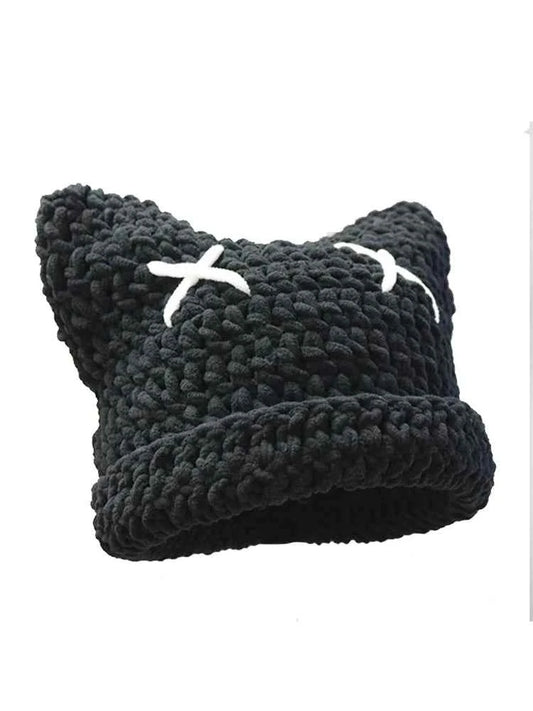 2025 New Hand-Knitted Bow Cat Ear Hooded Cap For Winter Men And Women, Striped Hollowed-Out Knitted Cap, K2y Street Style