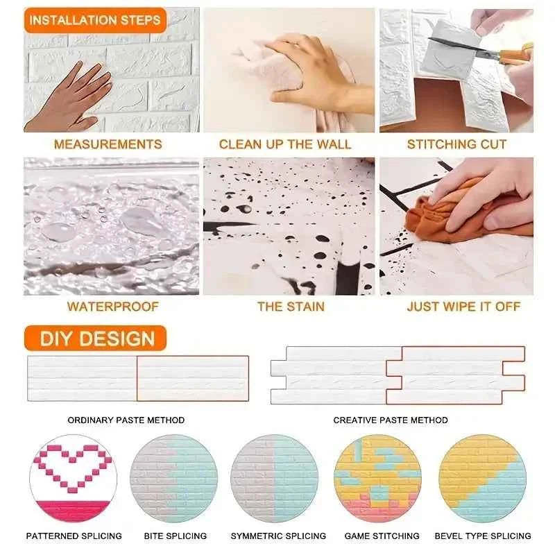 3D Self-Adhesive Wallpaper 70cm*1/5/10m Continuous Waterproof Brick Wall Stickers Living Room Bedroom Children's Room Home Decor
