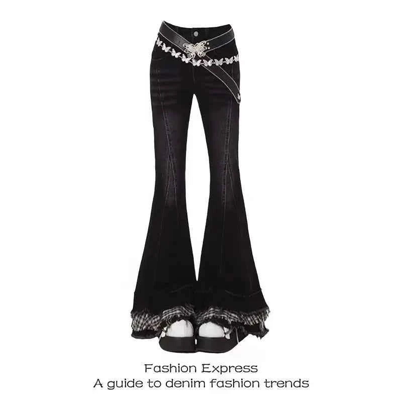 Vintage Slim Micro-flare Jeans Women Ins Fashionable Splicing Belt Edge Y2K Pants High Waist Straight American Street Trousers