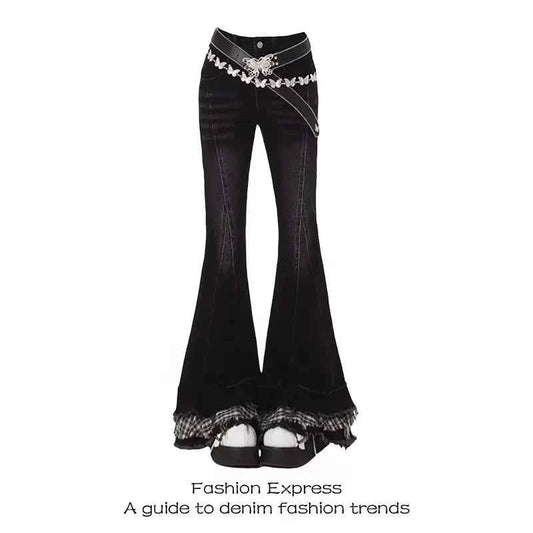 Vintage Slim Micro-flare Jeans Women Ins Fashionable Splicing Belt Edge Y2K Pants High Waist Straight American Street Trousers