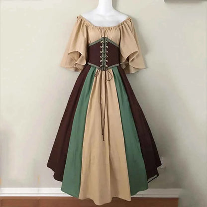 Halloween Costumes for Women Medieval Retro Contrasting Color Slim Swing Dress One-word Shoulder Dress Love Live Cosplay