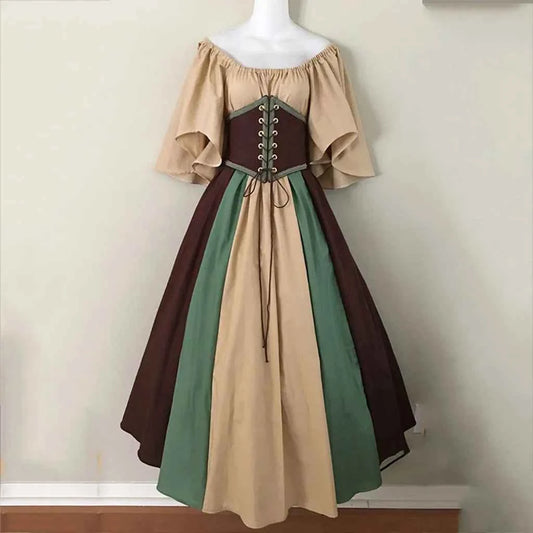 Halloween Costumes for Women Medieval Retro Contrasting Color Slim Swing Dress One-word Shoulder Dress Love Live Cosplay