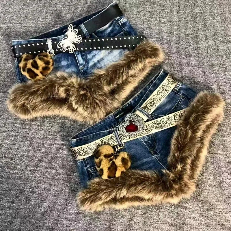 New American Y2k Retro Brown Hair Spliced shorts Trendy Old Hot Girl Low Waist Jeans Vintage Hip-hop Street Clothing Women SS69
