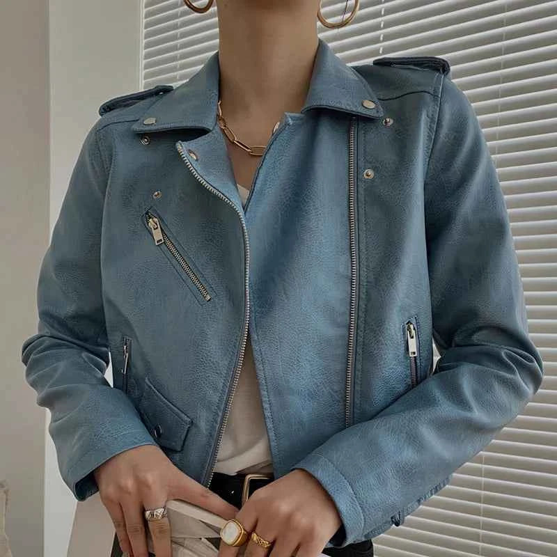 New Leather Jacket Women's Fashion Autumn PU Slim Fit Artificial Leather Motorcycle Coat Black Red Leather Jacket Women
