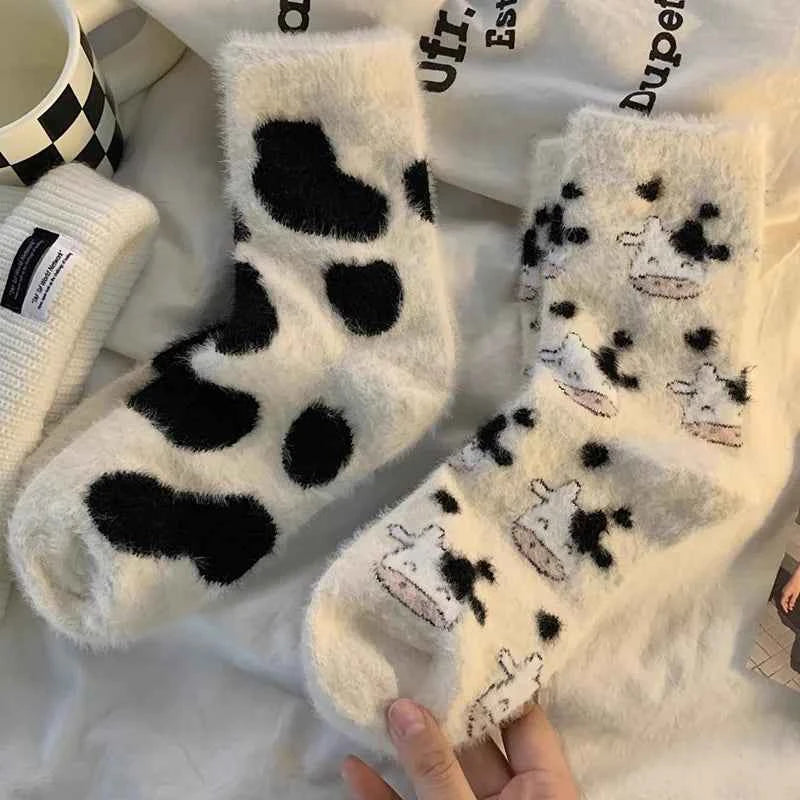 Cartoon Cute Cow Mink Velvet Socks Women Winter Soft Fleece Plush Warm Home Sleep Boot Socks Kawaii Y2K Furry Thermal Tube Sox