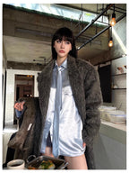 Mauroicardi Autumn Winter Oversized Extra Long Warm Thick Gray Wool & Blends Coat Women Loose Casual Fluffy Korean Fashion 2024