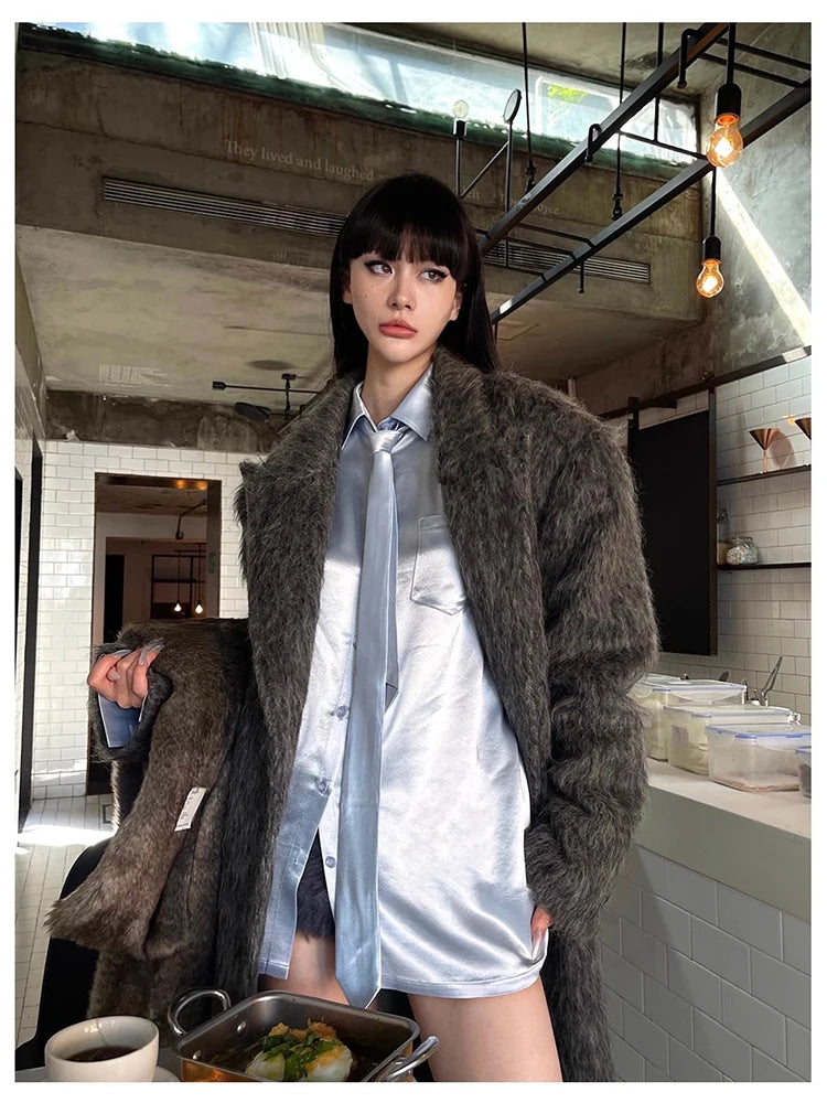 Mauroicardi Autumn Winter Oversized Extra Long Warm Thick Gray Wool & Blends Coat Women Loose Casual Fluffy Korean Fashion 2024