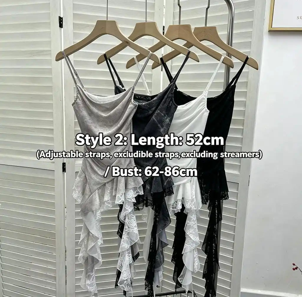 Women's Vintage Tie-dye Printed Mesh Spaghetti Strap Camisole Hot Girl Irregular Ruffled Ribbon Sleeveless Top Partyclub 1185