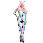 Women's Circus Clown Costume Naughty Clown Uniform Suitable For Halloween Adult Role Play Ice Silk Jumpsuit Magician Dress Up