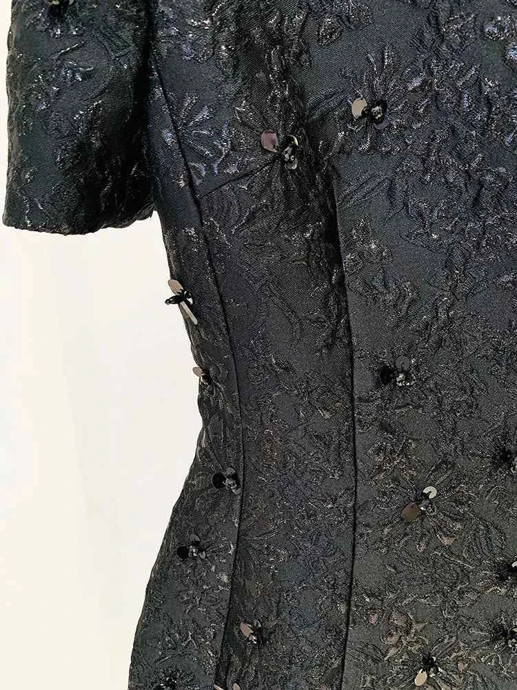 HIGH STREET Newest 2024 Designer Fashion Stylish Dress Women's Beaded Floral Jacquard Trimmed Dress