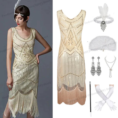 1920s Gatsby Dress 20s Flapper Girl Fancy Retro Sleeveless Sequins Embroidered Tassels Party Dress With Fan Necklace Accessories SS69
