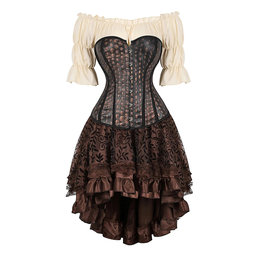 Brown Pirate Dress Plus Size Faxu Leather Steampunk Corset Dress with Shoulder Off Blouse Cosplay Pirate Costume for Women SS69
