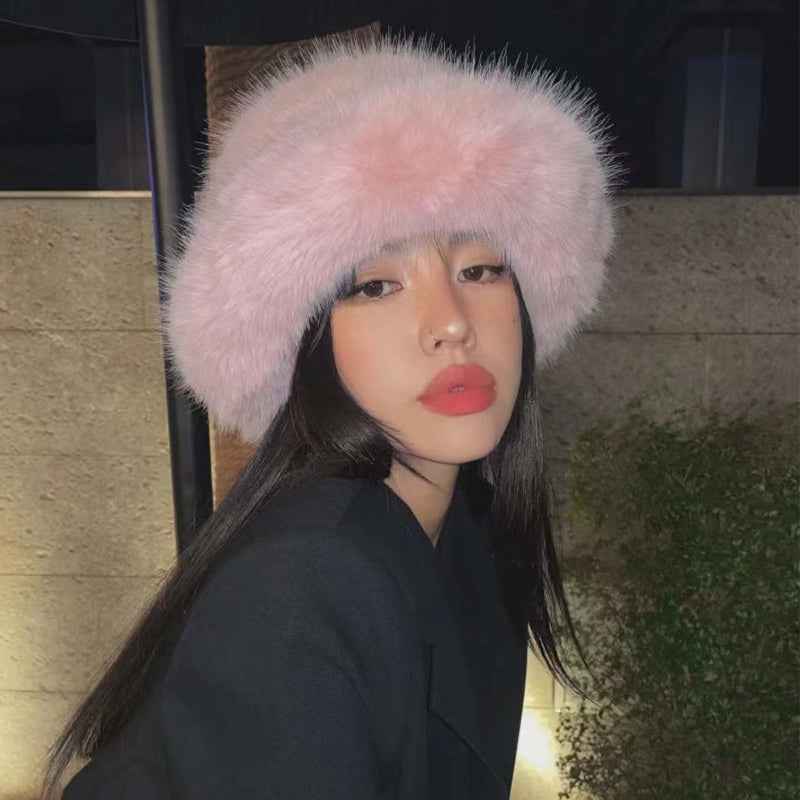 2025 Fluffy Faux Fur Bucket Hats Women Rabbit Fur Warm Thick Plush Winter Hat Lady Fashion Luxury Panama Furry Fisherman Cap Y2k