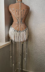Sparkly Rhinestone Fringe Mesh Dance Costume for Women