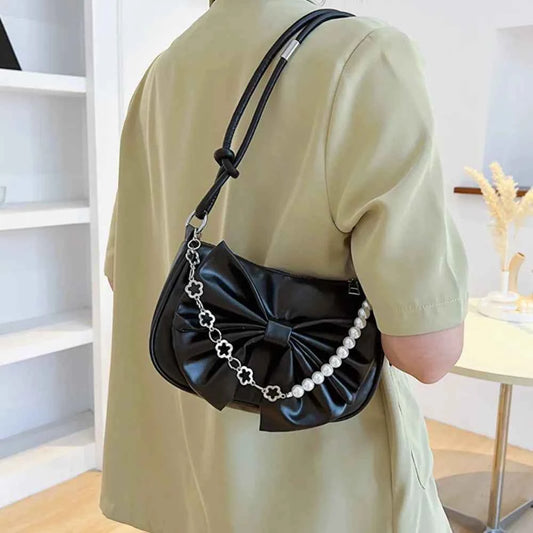 Trendy Pearl Bow Shoulder Bag Underarm Bag Daily Commuting Bag Casual Handbag Solid Business Women's Bag