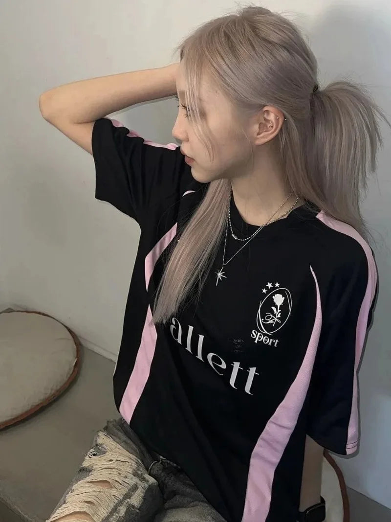 New Arriavl Korean Summer Black Pink Retro Patchwork 21 Jersey T-shirt Sports Breathable Short Sleeve Casual T-shirt for Women SS69