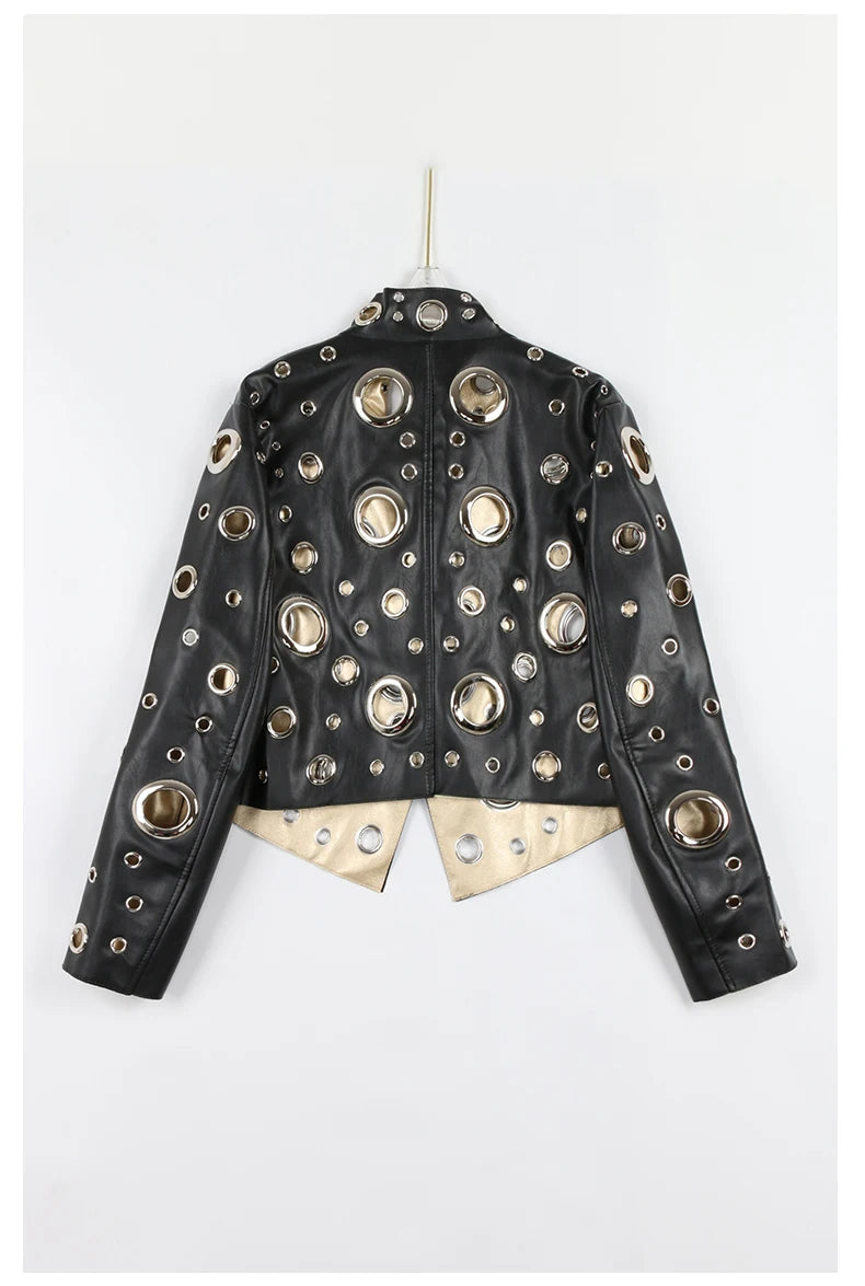 Nerazzurri Women's Faux Leather Jacket with Rivets & Hollow Out Detail