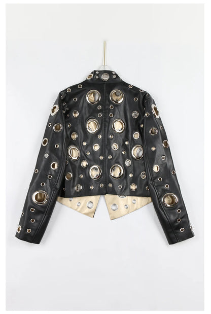 Nerazzurri Spring Autumn Short Hollow Out Pu Leather Jacket Women Rivet Cool Stylish Luxury Designer Clothes Runway Fashion 2024