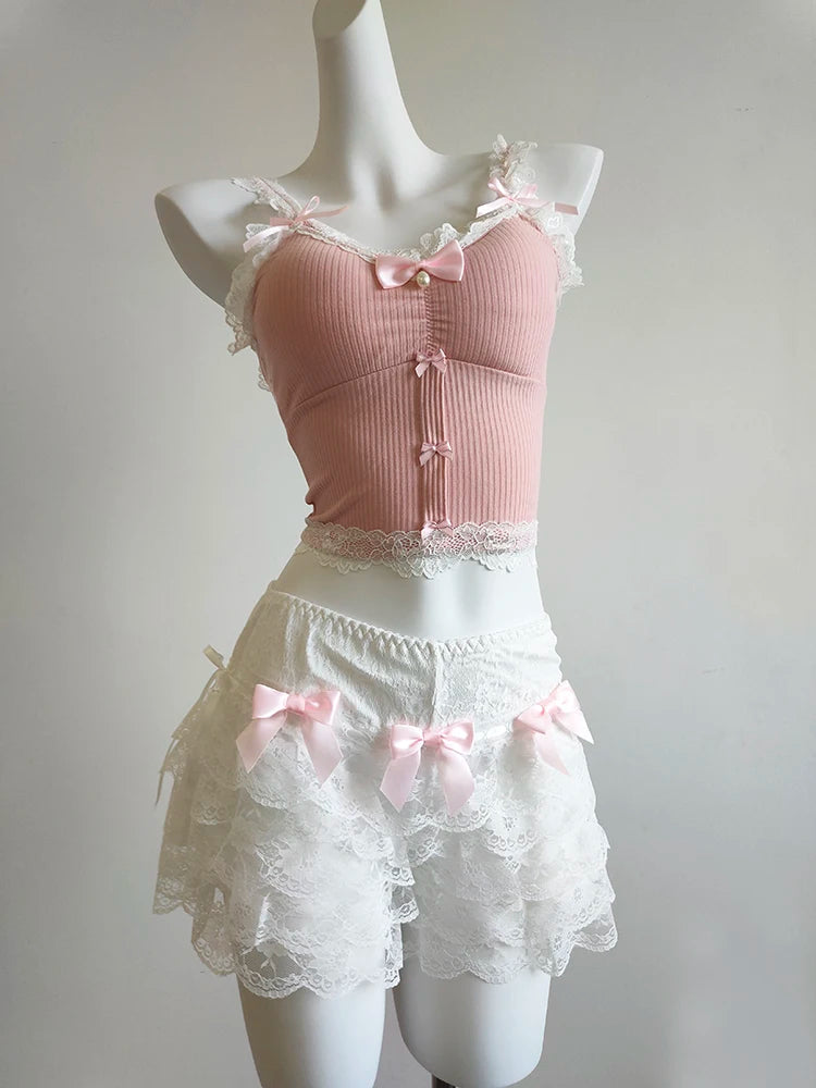 Sweet Crop Top Women Lace Trim Cotton Cropped Bows Bead Decoration Pink White Cute Camis Sweet Girls Lolita Style Kawaii Clothes SS69