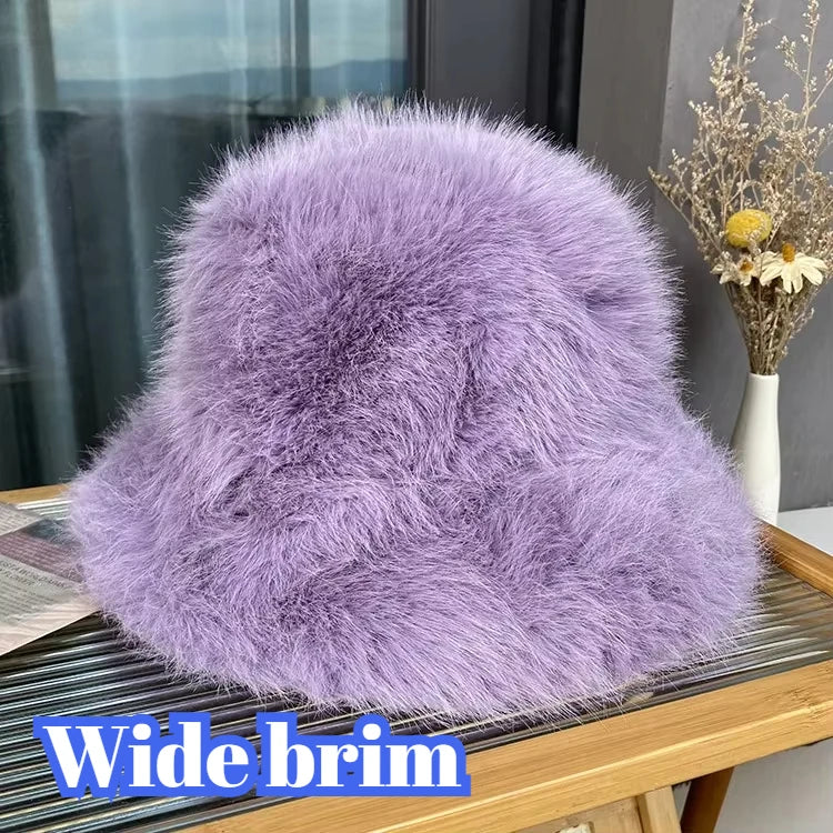 Women's Fluffy Faux Rabbit Fur Bucket Hat - Warm Plush Winter Cap