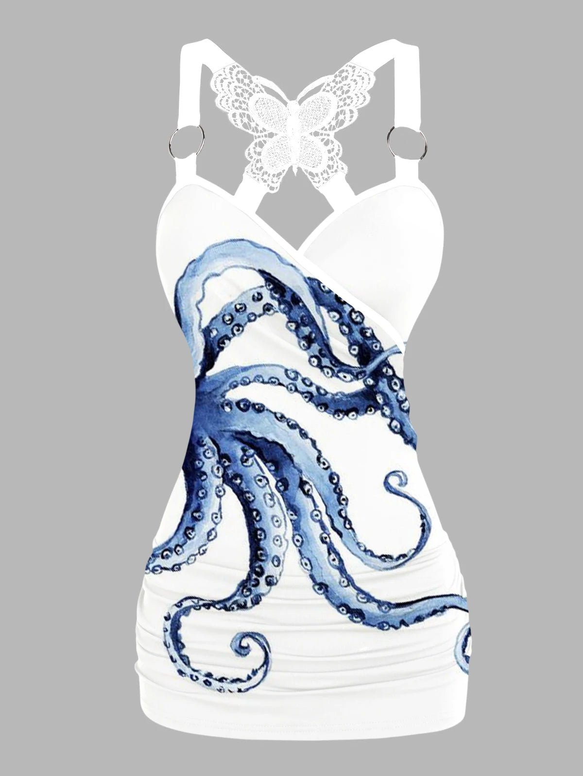 Dressfo 2025 Women's Tank Tops Rose Print Ruched Butterfly Lace Cross Tank Top O Ring Surplice Summer Top SS69 19.69 White / S