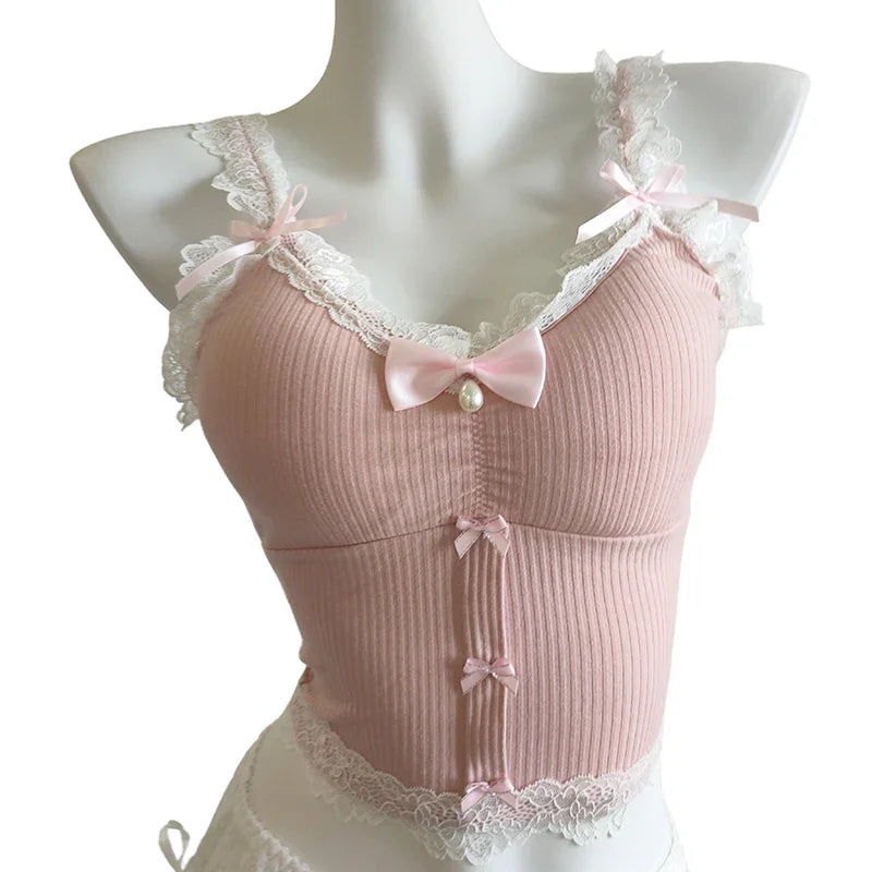 Sweet Crop Top Women Lace Trim Cotton Cropped Bows Bead Decoration Pink White Cute Camis Sweet Girls Lolita Style Kawaii Clothes SS69
