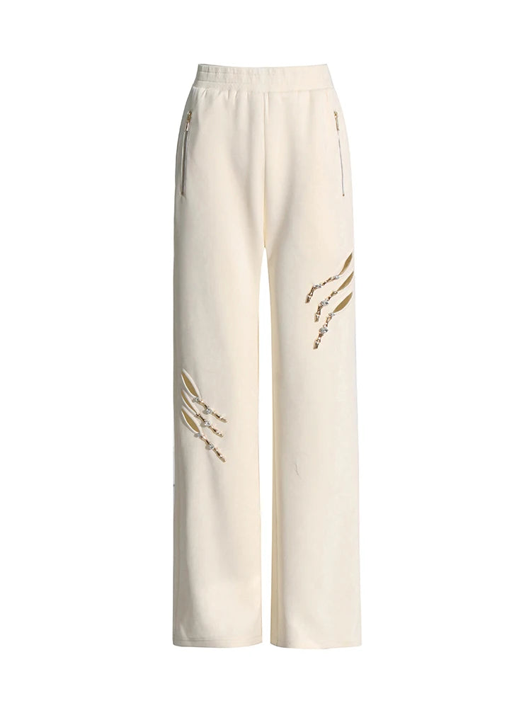 Solid Patchwork Diamonds Designer Wide Leg Pants For Women High Waist Patchwork Pockets Hollow Out Chic Pant Female SS69