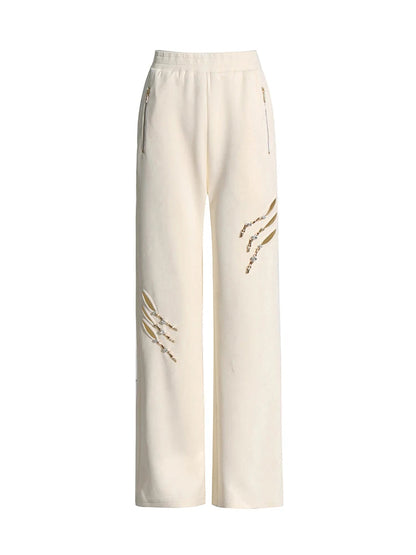 Solid Patchwork Diamonds Designer Wide Leg Pants For Women High Waist Patchwork Pockets Hollow Out Chic Pant Female SS69