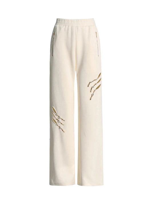 Solid Patchwork Diamonds Designer Wide Leg Pants For Women High Waist Patchwork Pockets Hollow Out Chic Pant Female SS69