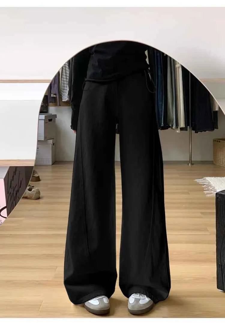 Drawstring Adjustable Maternity Wide-Leg Curve Pants High Waist Belly Support Retro Baggy Trousers for Spring Autumn 3 Colors