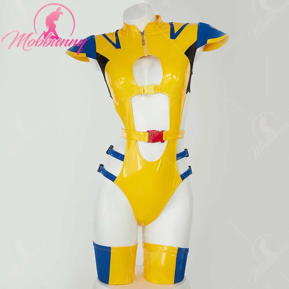 MOBBUNNY Women's PU Leather Bodysuit Cosplay Costume Set with Hat & Gloves