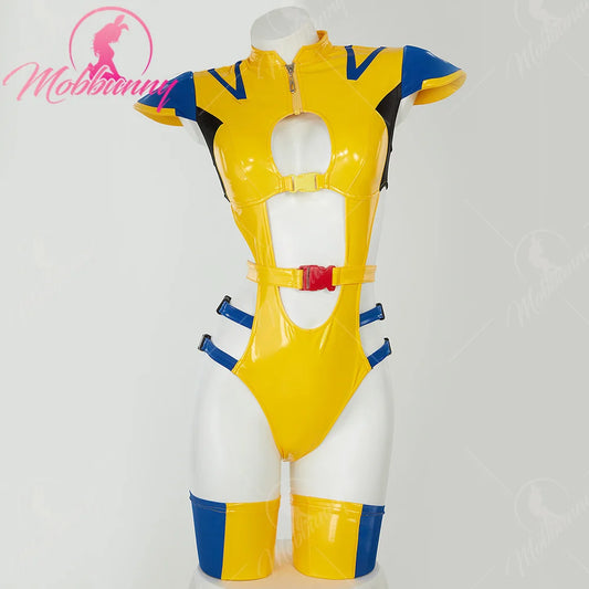 MOBBUNNY Women's PU Leather Bodysuit Cosplay Costume Set with Hat and Gloves
