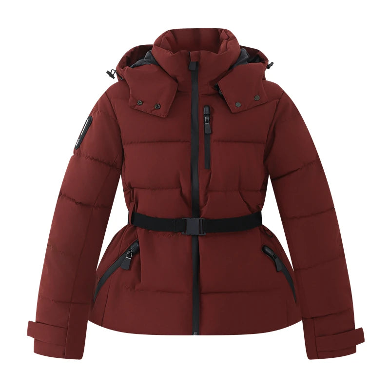 Women's Winter Hooded High Waist Padded Sport Parkas Coats with Belt Female Elegant Thick Warm Pockets Windproof Skiing Jackets