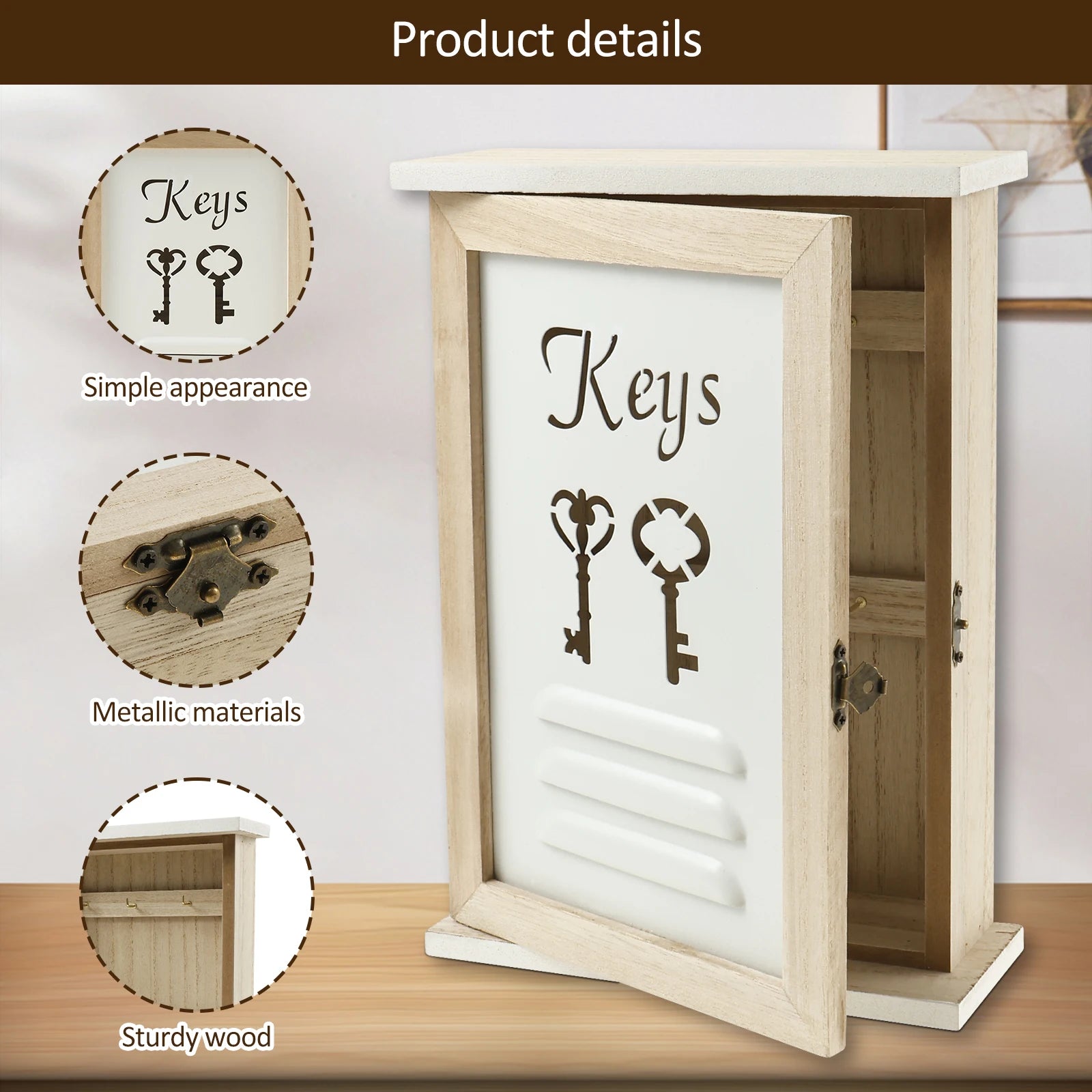 Wooden Wall Key Holder Cabinet with 6 Hooks