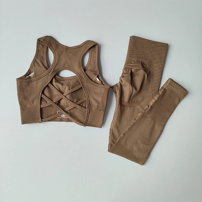 2PCS Sports Bra Women's Set Professional Fitness Tank Top Bra Shockproof Running Leggings Yoga Suit Beautiful Back Bra Clothing - SS69