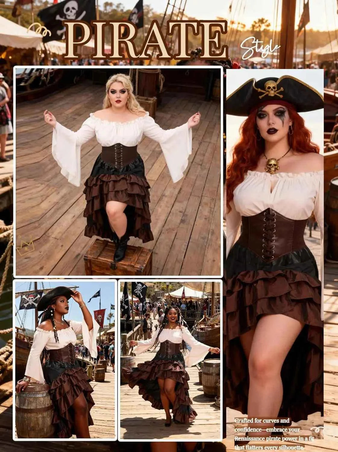 Verceco Pirate Costume Women Outfit with Renaissance Pirate Shirt Skirt Corset Waist Belt Womens Halloween Pirate Costumes