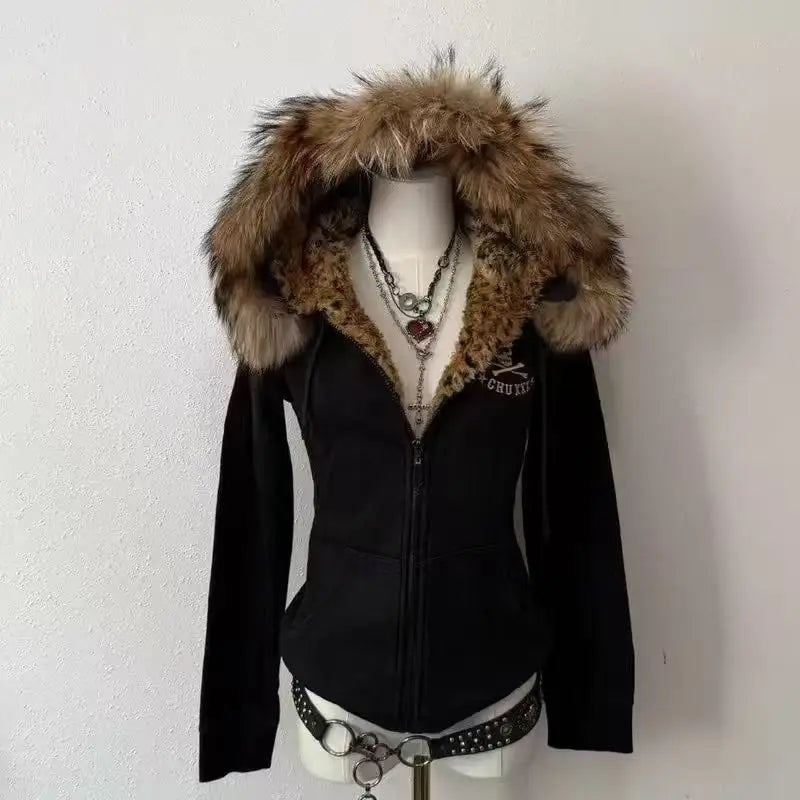 Women Y2K Gothic Zip Up Hoodie Red Faux Fur Collar Embroidery Rhinestone Hooded Jacket Grunge Streetwear Casual Sweatshirt