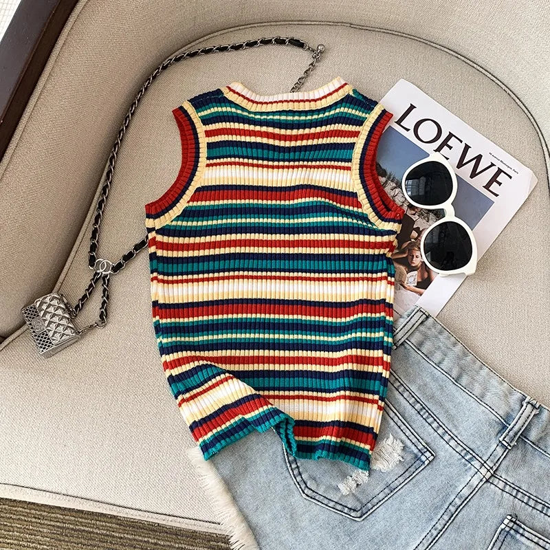 YuooMuoo Chic Fashion Knitted Tops Women 2025 Summer Y2K Rainbow Striped Slim Elastic Sleeveless Tank Tops Steetwear Lady Shirts SS69