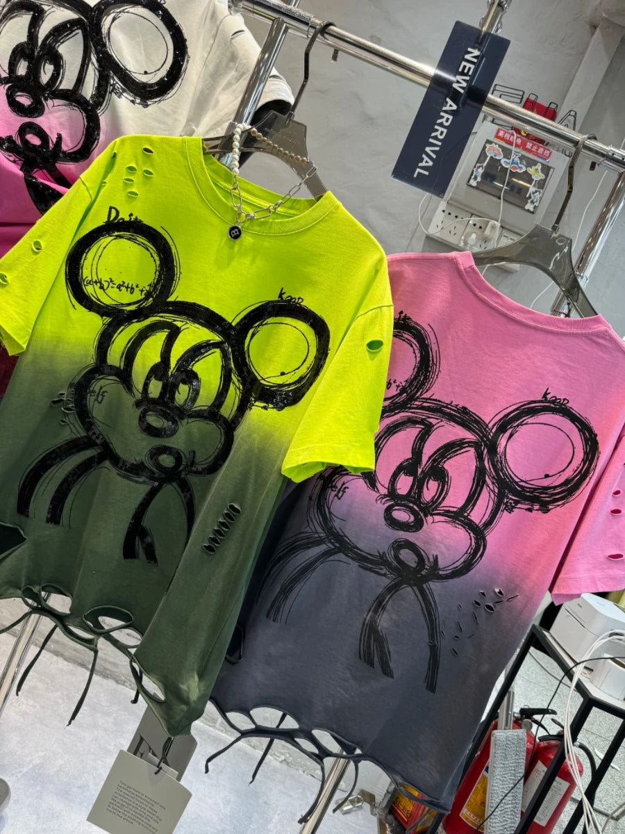 Fashion Heavy Industry Smudge Sequins Cartoon T-shirt Women's Spring and Summer 2025 New Ripped Loose Cotton Short-sleeved Top SS69