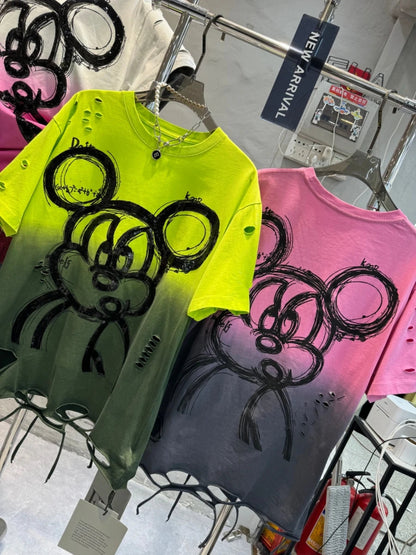 Fashion Heavy Industry Smudge Sequins Cartoon T-shirt Women's Spring and Summer 2025 New Ripped Loose Cotton Short-sleeved Top SS69