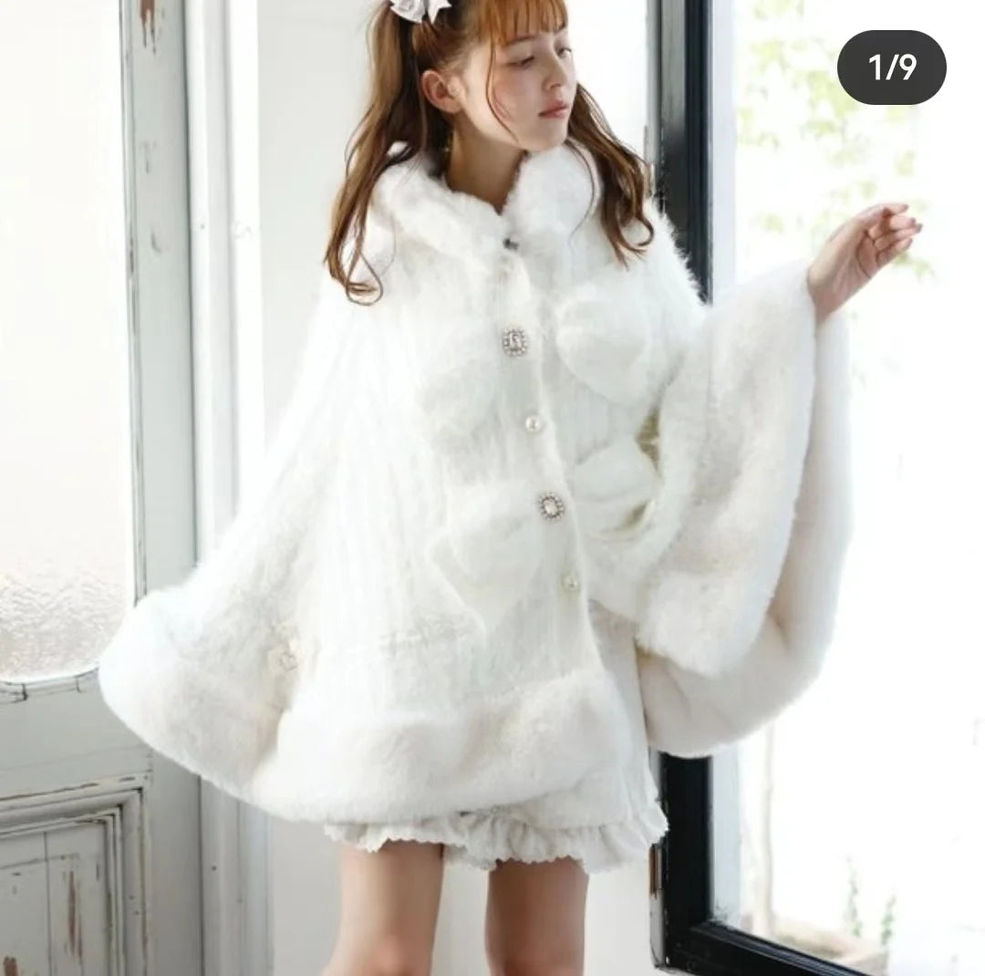 Godivana Lolita Faux Fur Cape Coat with Bow & Rhinestones