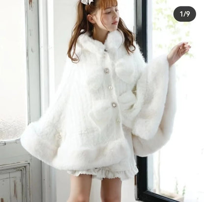 Godivana Lolita Style Faux Rabbit Fur Cape Coat with Bow & Rhinestones - White